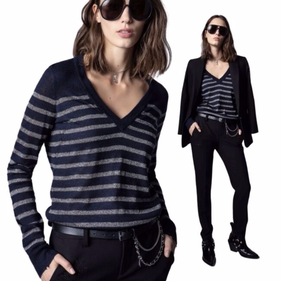 NEW Zadig & Voltaire Encre Missia Metallic Stripe Wool Blend Sweater Size M - Picture 1 of 16